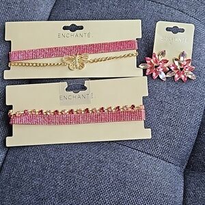 Enchante 2 Pink Gold Necklaces 1 Pair Floral Tear Drop Petal Earrings Rhinestone